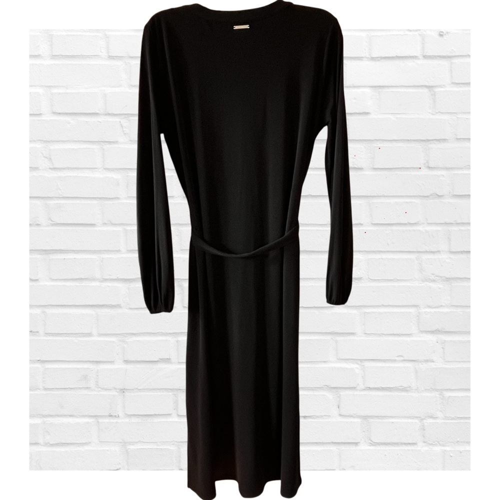 Michael Kors Little Black Dress Long Sleeve Cocktail V Neck Belted Classy Midi L - Picture 3 of 11